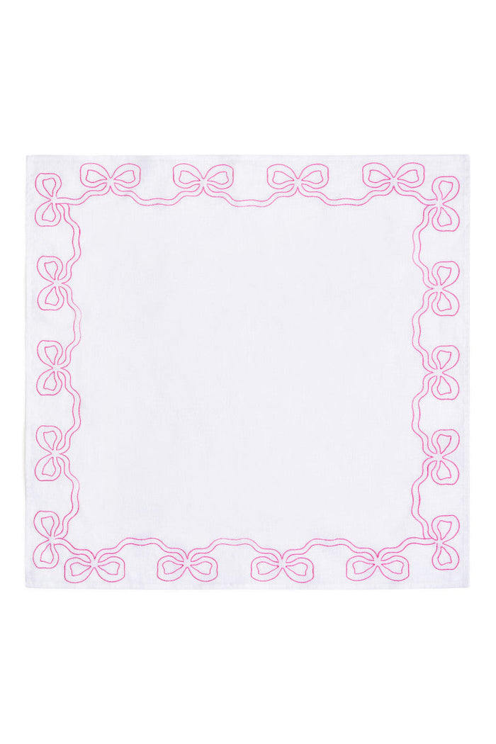 Embroidered linen bow napkin with pink border of bow loops