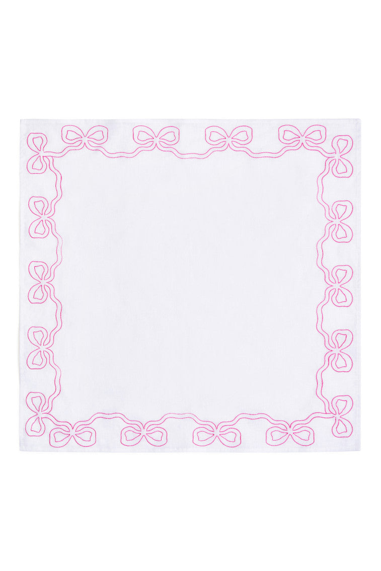 Embroidered linen bow napkin with pink border of bow loops