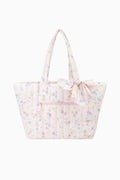 Blush heart-stripe bow tote bag with gathered front and long handles