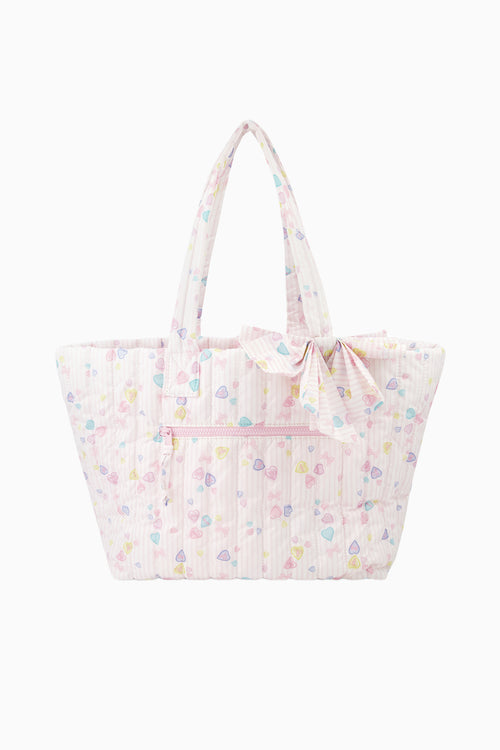Blush heart-stripe bow tote bag with gathered front and long handles