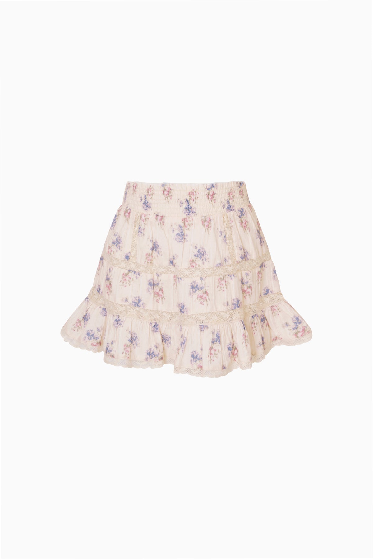 Floral tiered ruffle skirt, off-white fabric with gathered layers and hem.