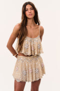 Sunlit sand beaded sequin mini skirt with floral bead motifs and scalloped ruffle hem