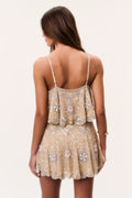 Sunlit sand beaded sequin mini skirt from back with scalloped ruffle hem