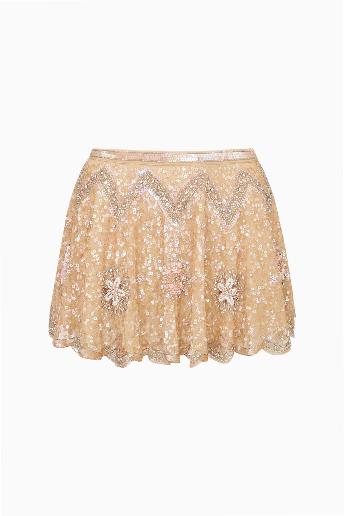 Sunlit sand beaded sequin mini skirt with scalloped hem and embroidered floral motifs