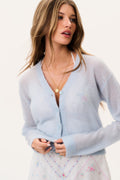 Light blue sheer alpaca cardigan, V-neck button front and ribbed cuffs
