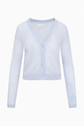 Light blue sheer alpaca cardigan flat lay, V-neck with button front