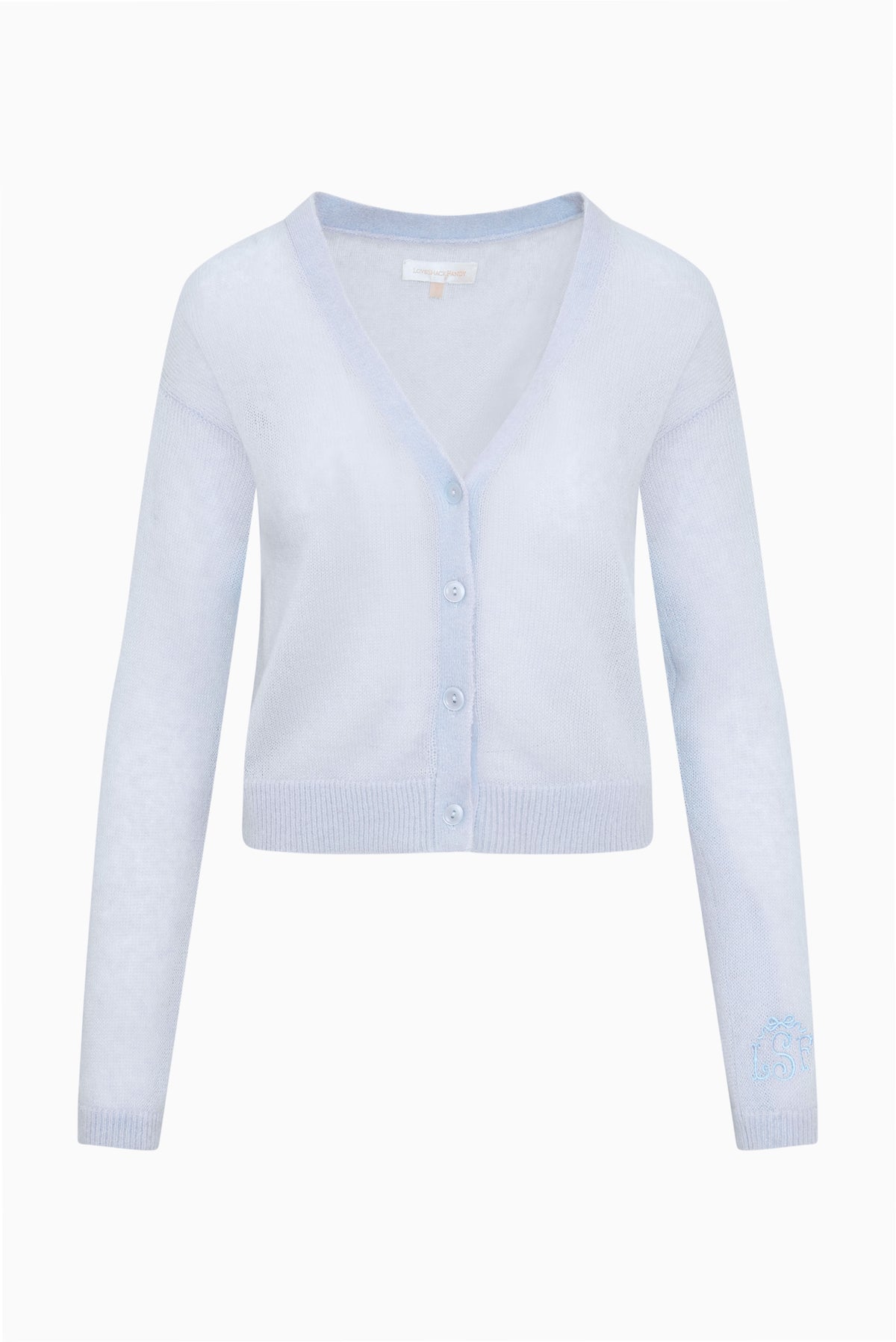Light blue sheer alpaca cardigan flat lay, V-neck with button front