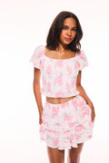 Pink and white floral print square-neck ruffle summer top with cropped length