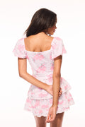 Pink and white floral print ruffle cropped top with square back neckline