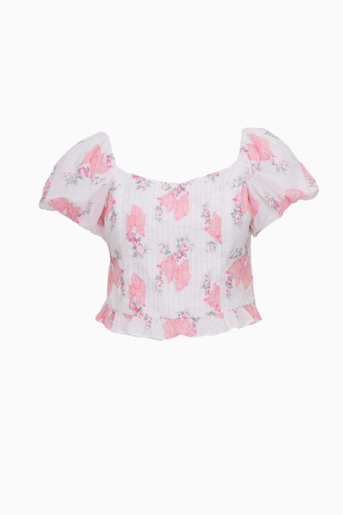 Pink and white floral print square-neck ruffle cropped top with flutter sleeves