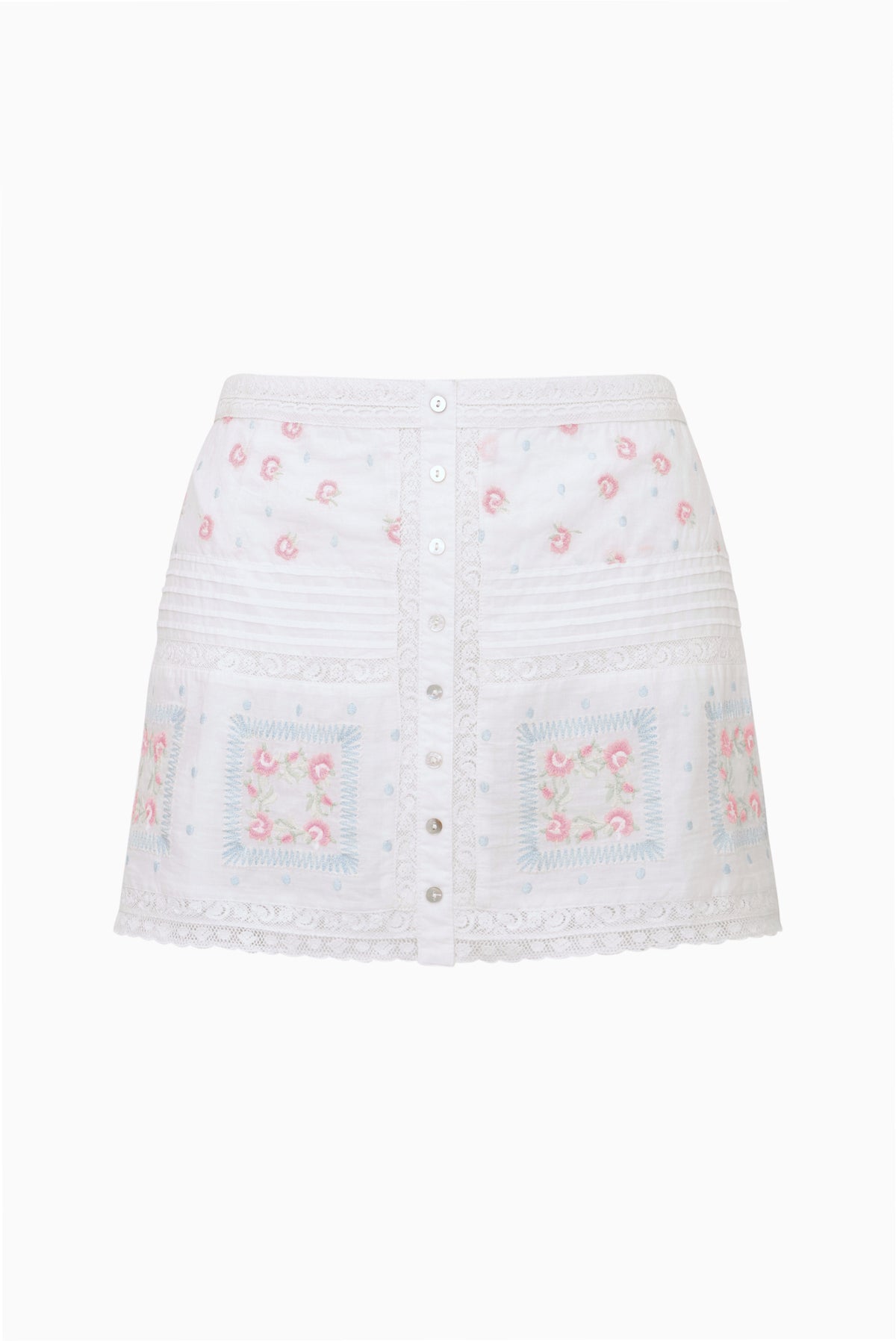 Embroidered cotton mini skirt in optic white, button-front with lace-trim hem