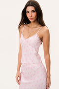Silk-blend floral cami top, light pink with lace-trim neckline and bow