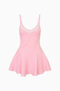Light pink cotton knit active dress with V-neck and spaghetti straps, flared skirt