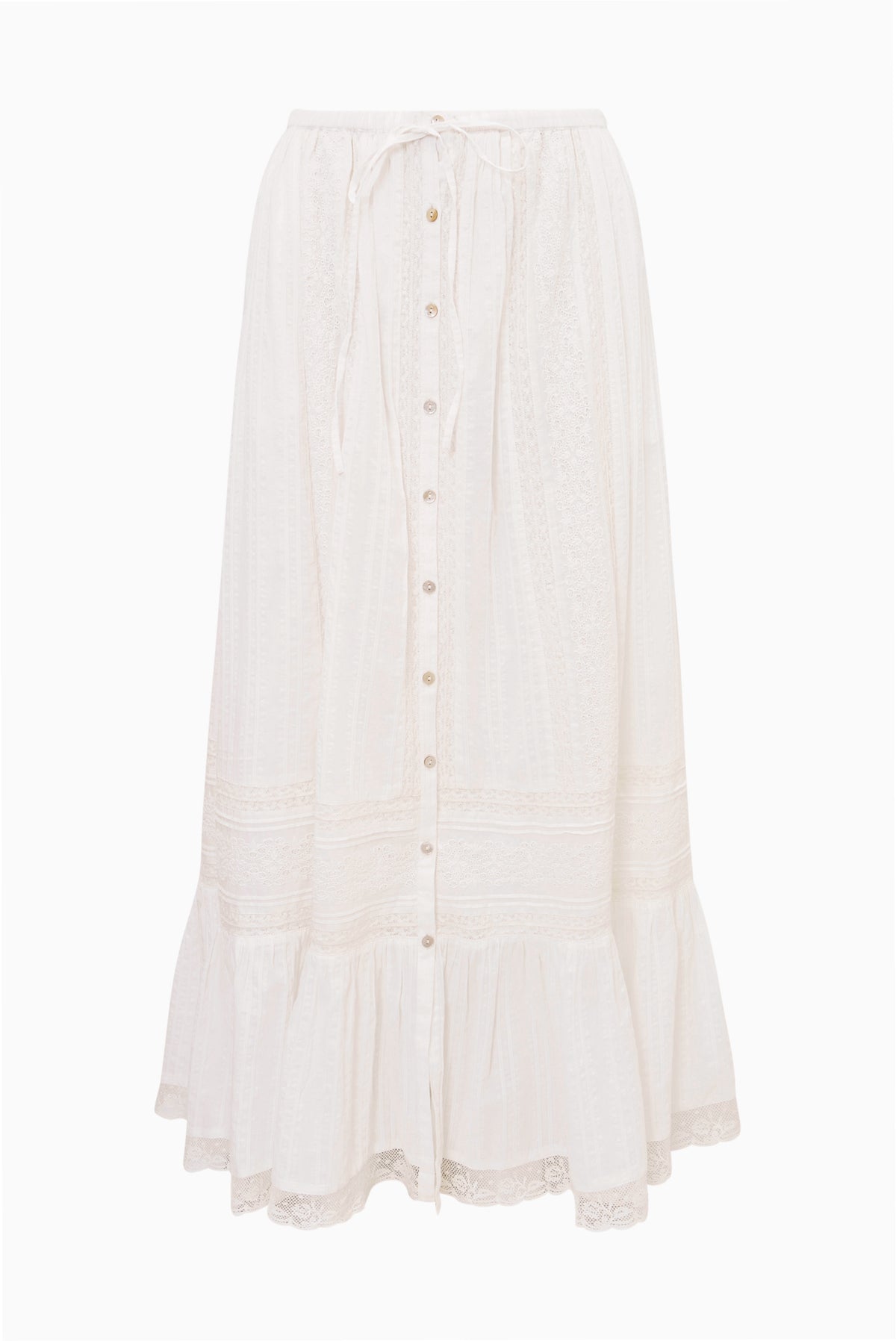 Optic white cotton maxi skirt with button-front placket and ruffled tiered hem
