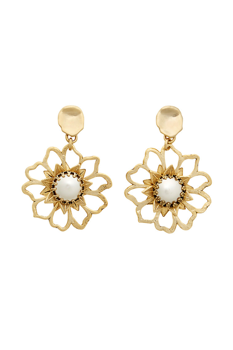Gold-tone flower statement earrings with scalloped petals and circular center
