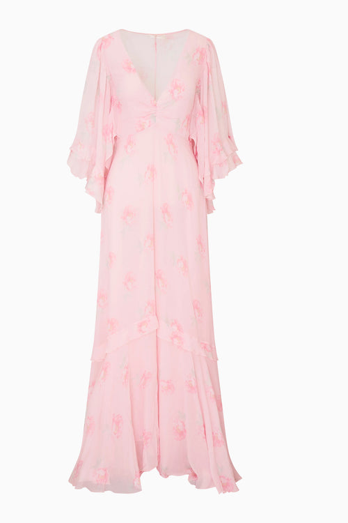 Maxi longsleeve pink dress with floral pattern on a white background