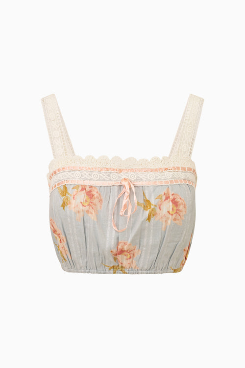 Cotton crop top with thin straps and peony floral print, gathered elastic waist