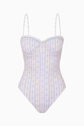 Blue-and-white striped one-piece swimsuit with lace-trim bust and thin straps