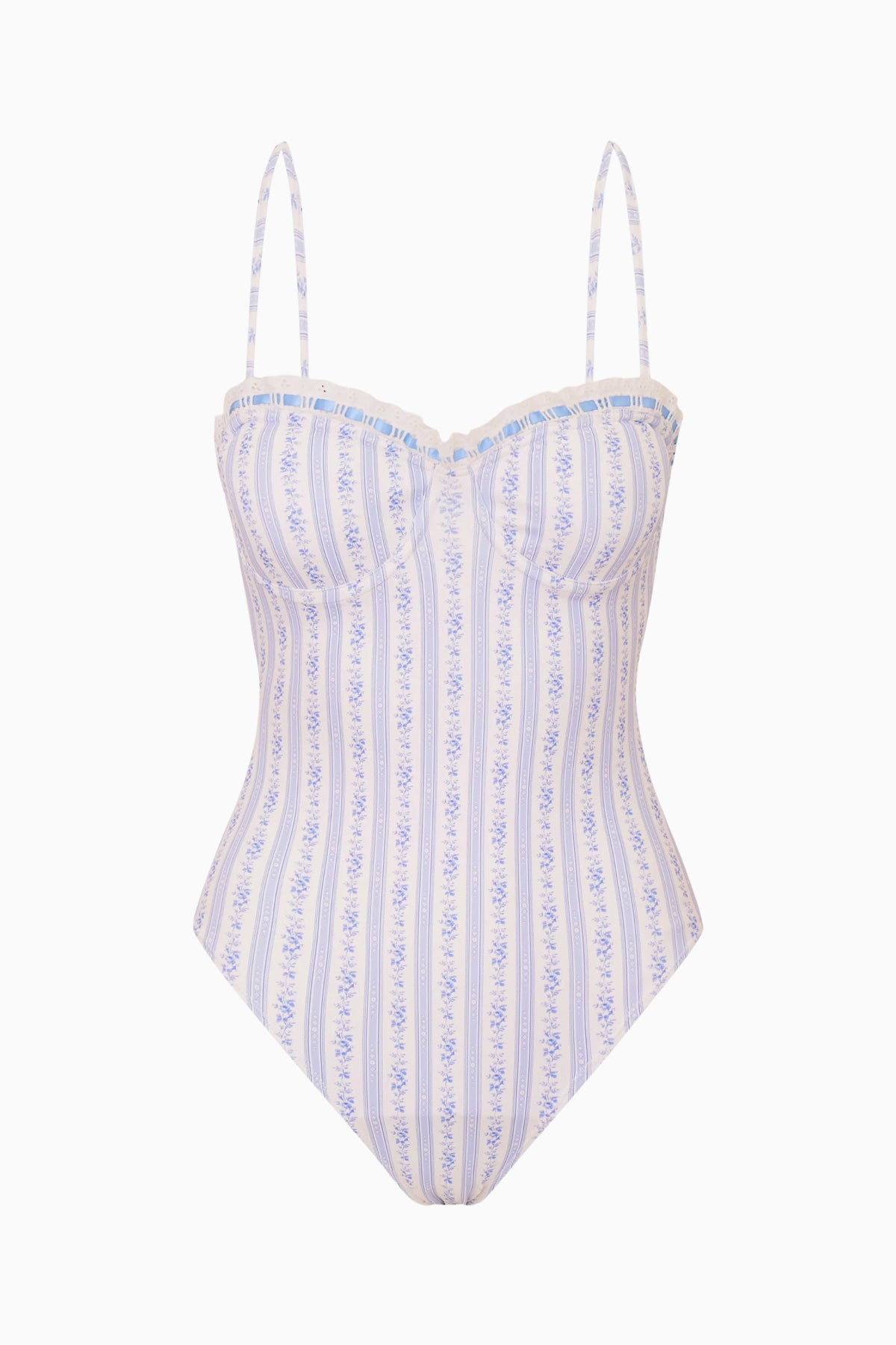Blue-and-white striped one-piece swimsuit with lace-trim bust and thin straps