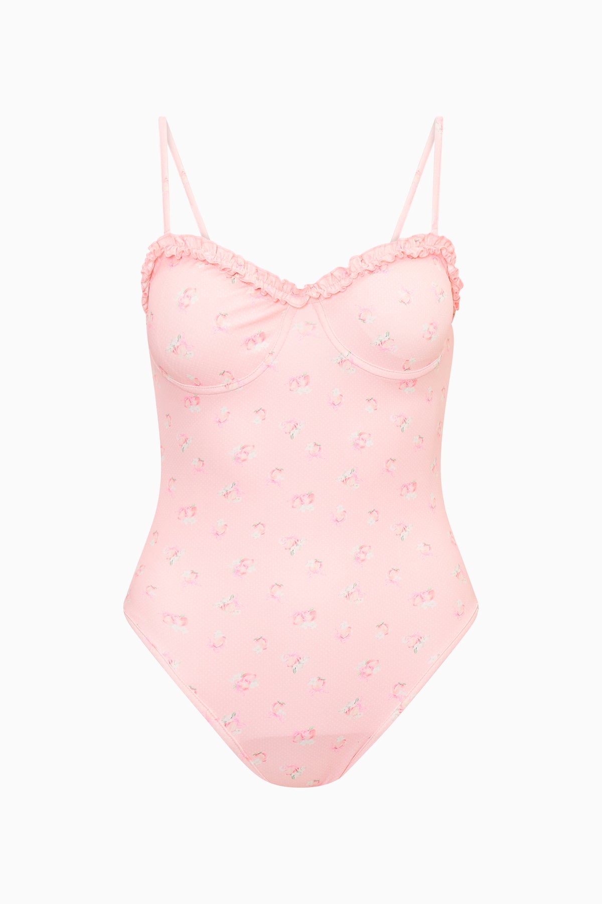 Peach-pink patterned one-piece swimsuit with thin straps and scalloped bust detail