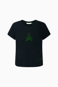 Black crew-neck T-shirt with green logo graphic, short sleeves