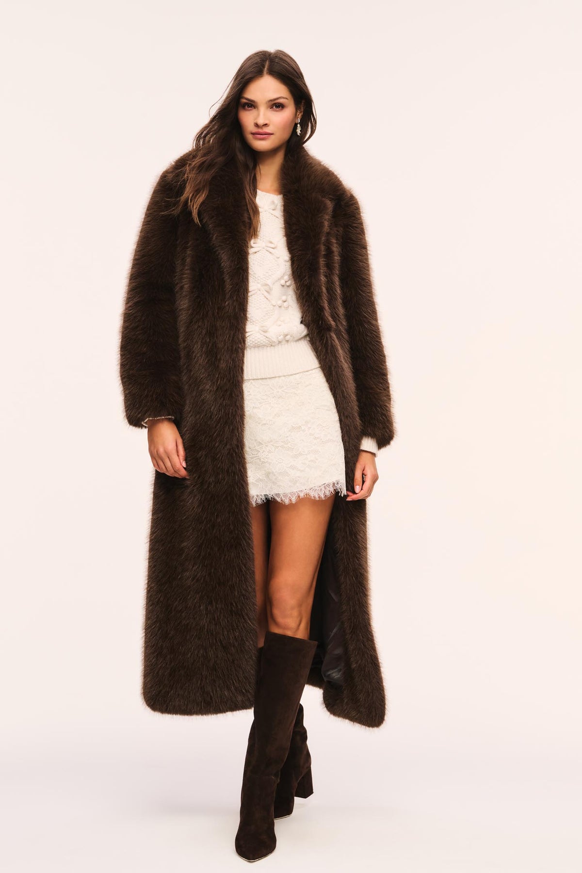 Dark brown long faux fur coat with open front and full-length silhouette