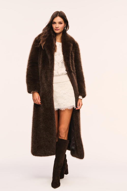 Dark brown long faux fur coat with open front and full-length silhouette