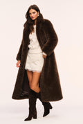 Dark brown long faux fur jacket with open front and relaxed fit