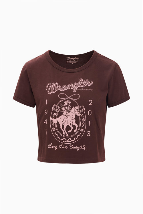 Brown short-sleeve Wrangler graphic tee with round neckline