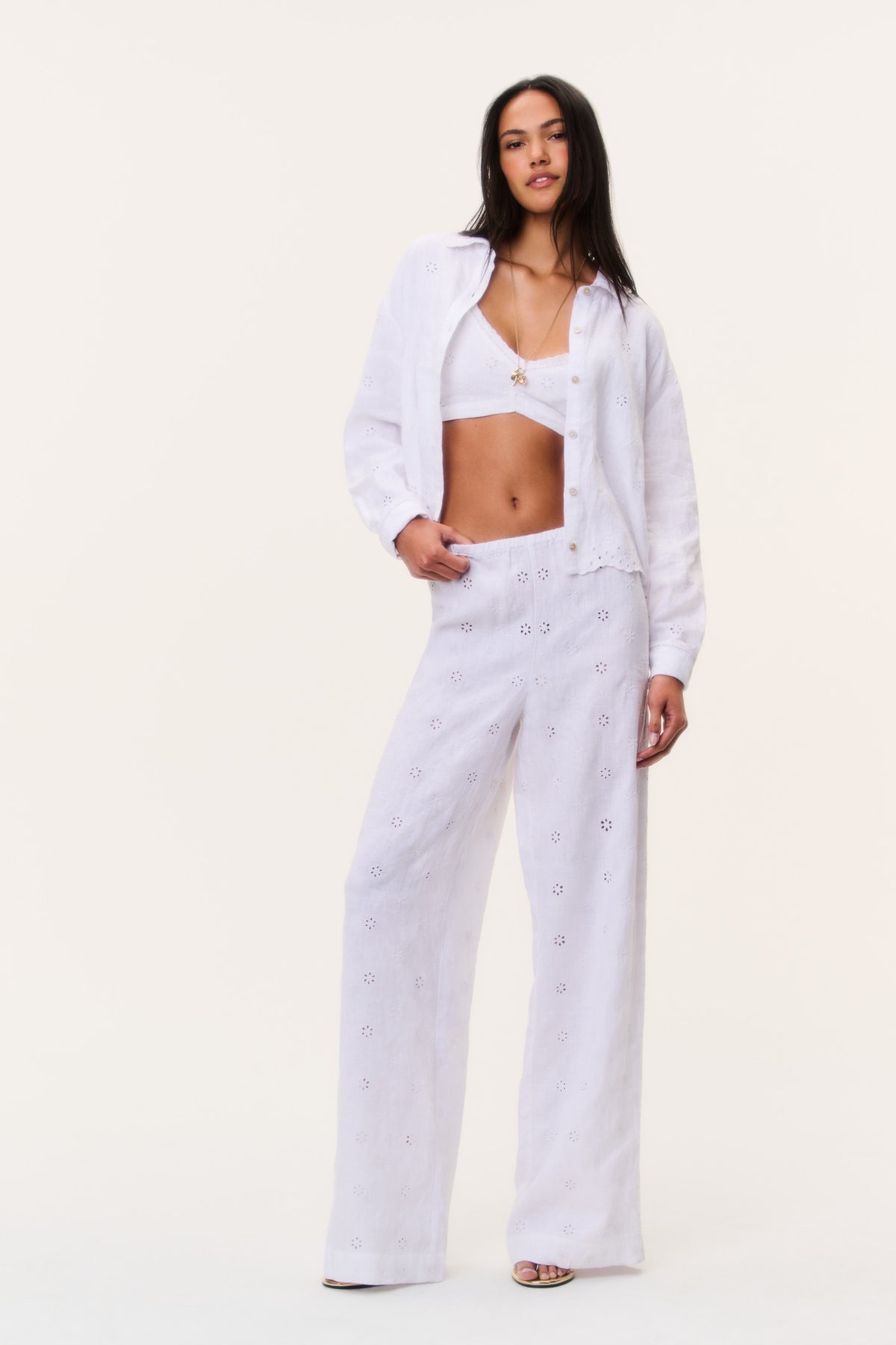 Optic white high-rise eyelet linen pants, relaxed wide-leg fit with small dot embroidery