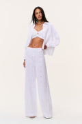 Light eyelet linen pants with high waist and straight wide legs, allover small eyelet motifs