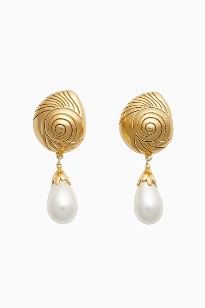 Gold spiral stud earrings with teardrop pearl drops