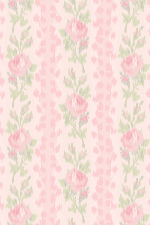 Peel-and-stick wallpaper with pink rose floral pattern and green leaves on a light base