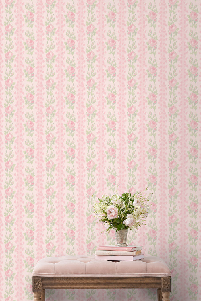 Peel-and-stick wallpaper wall covering with soft pink rose floral pattern