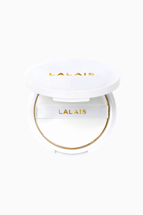 LALAIS blotting compact, white case with gold-edged mirror and LALAIS logo