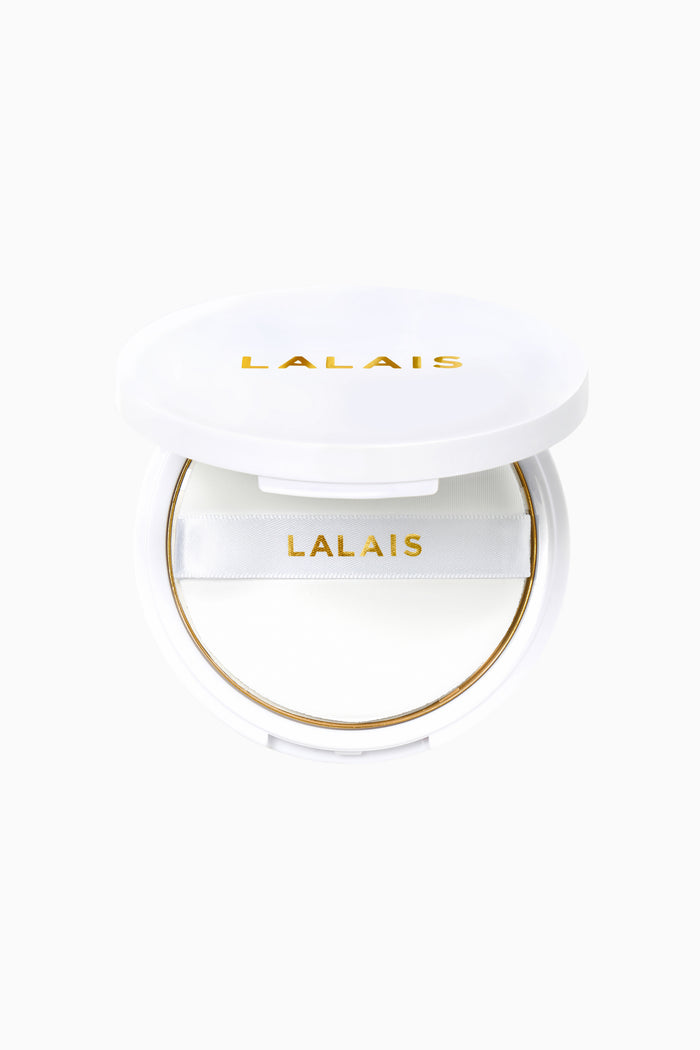 LALAIS blotting compact, white case with gold-edged mirror and LALAIS logo