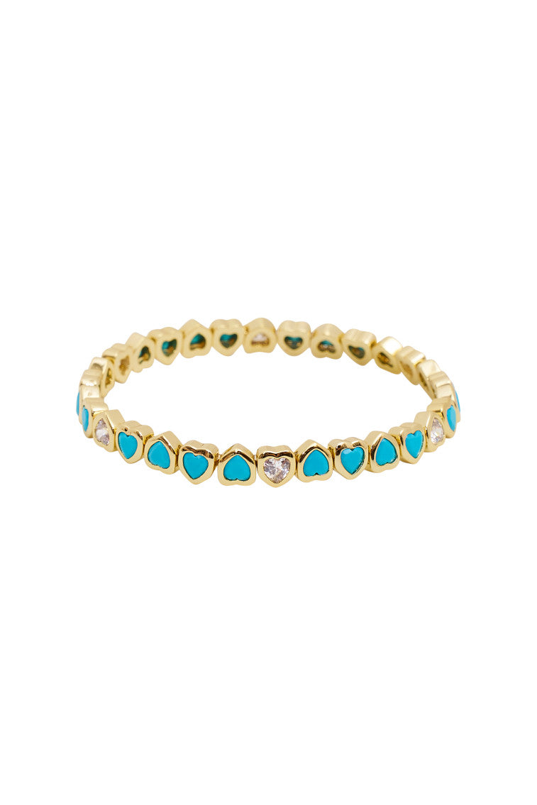 Gold tone heart stretch bracelet with blue heart and clear accents
