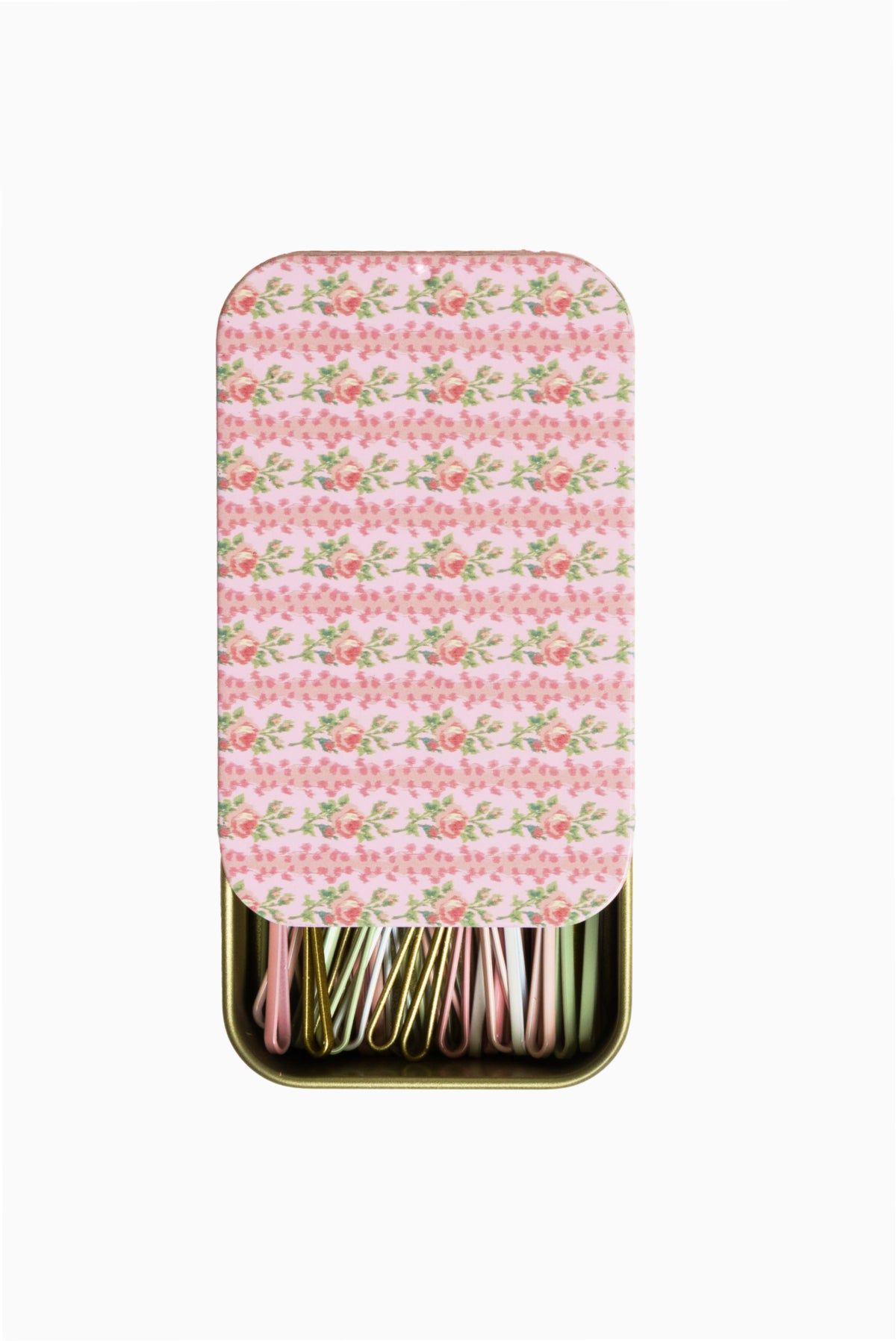 Pink floral bobby pins with gold-toned heads, matchbox-style case