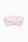 Pink floral bow headband with gathered ruffle and centered bow knot