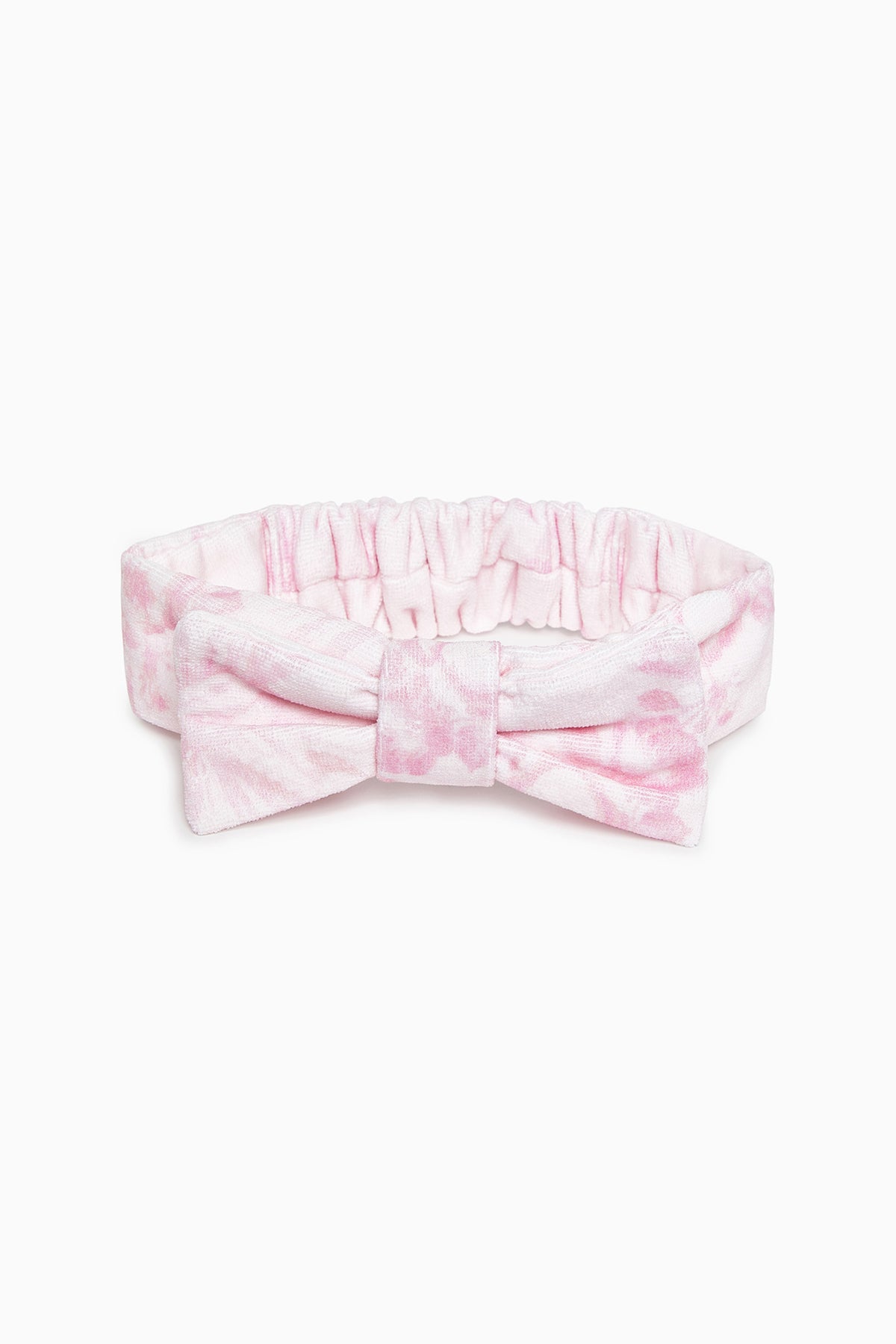 Pink floral bow headband with gathered ruffle and centered bow knot
