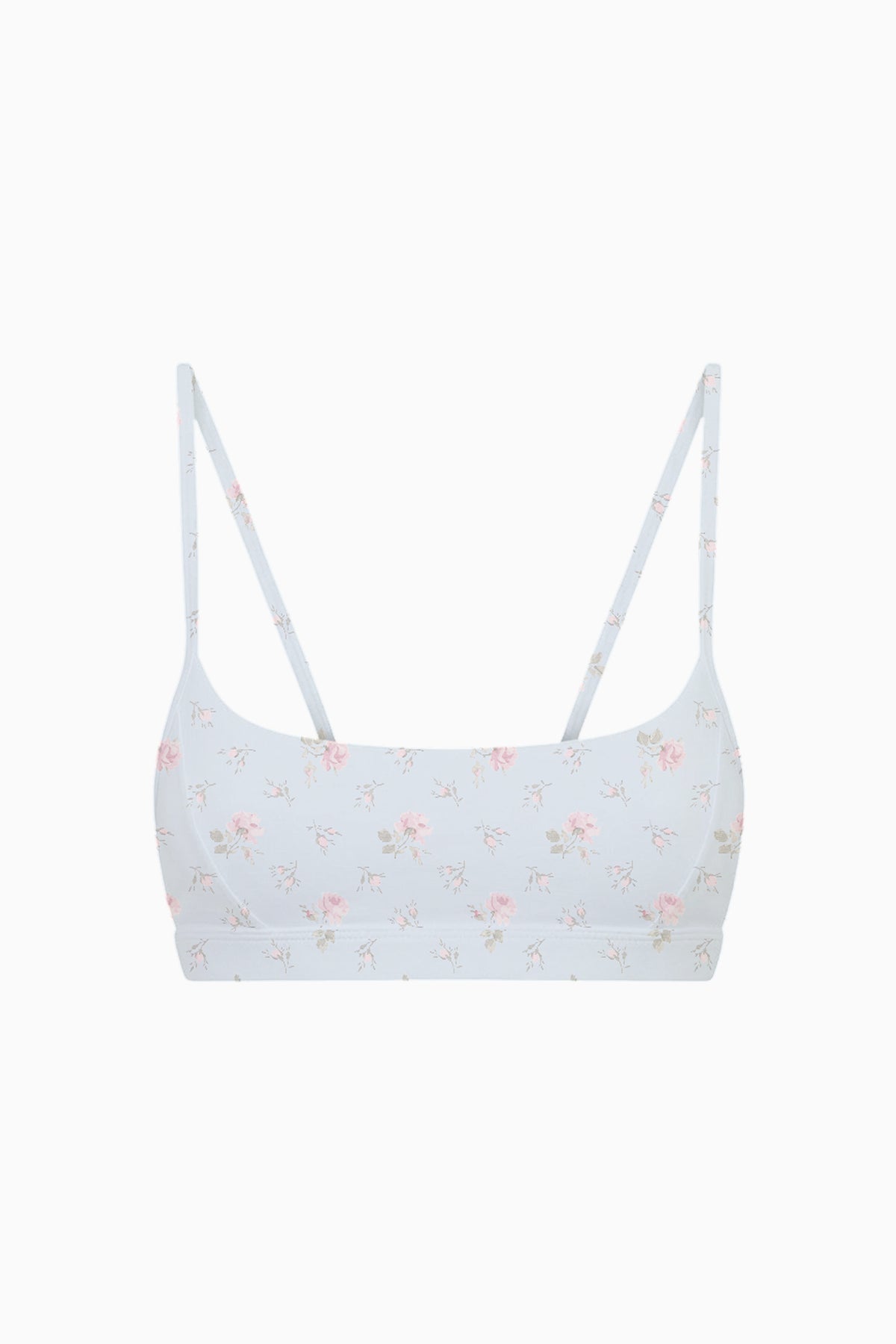Light blue printed sports bra with wide band and thin adjustable straps