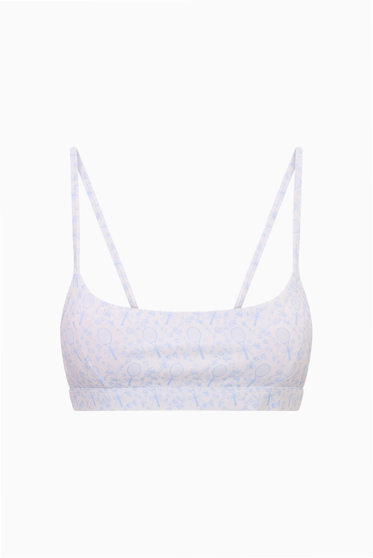 Light blue tennis-print sports bra with thin straps and scoop neckline