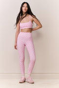 Pink printed highland leggings with matching lattice print, full-length