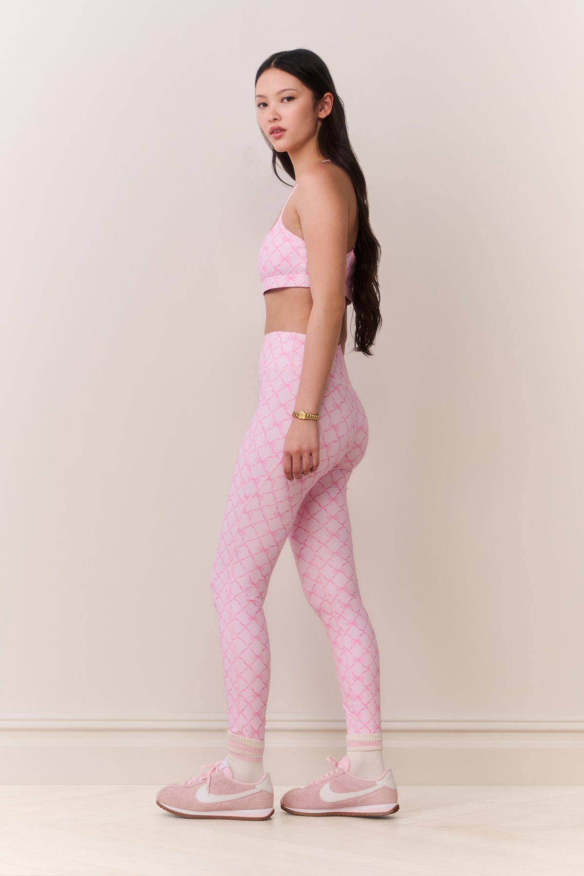 Pink printed highland leggings with all-over lattice print and ankle length