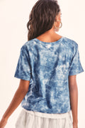 Blue tie-dye cotton tee, crew neck, short sleeves, back view