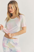 Pink and white tie-dye cotton tee, crew neck, short sleeves, front view