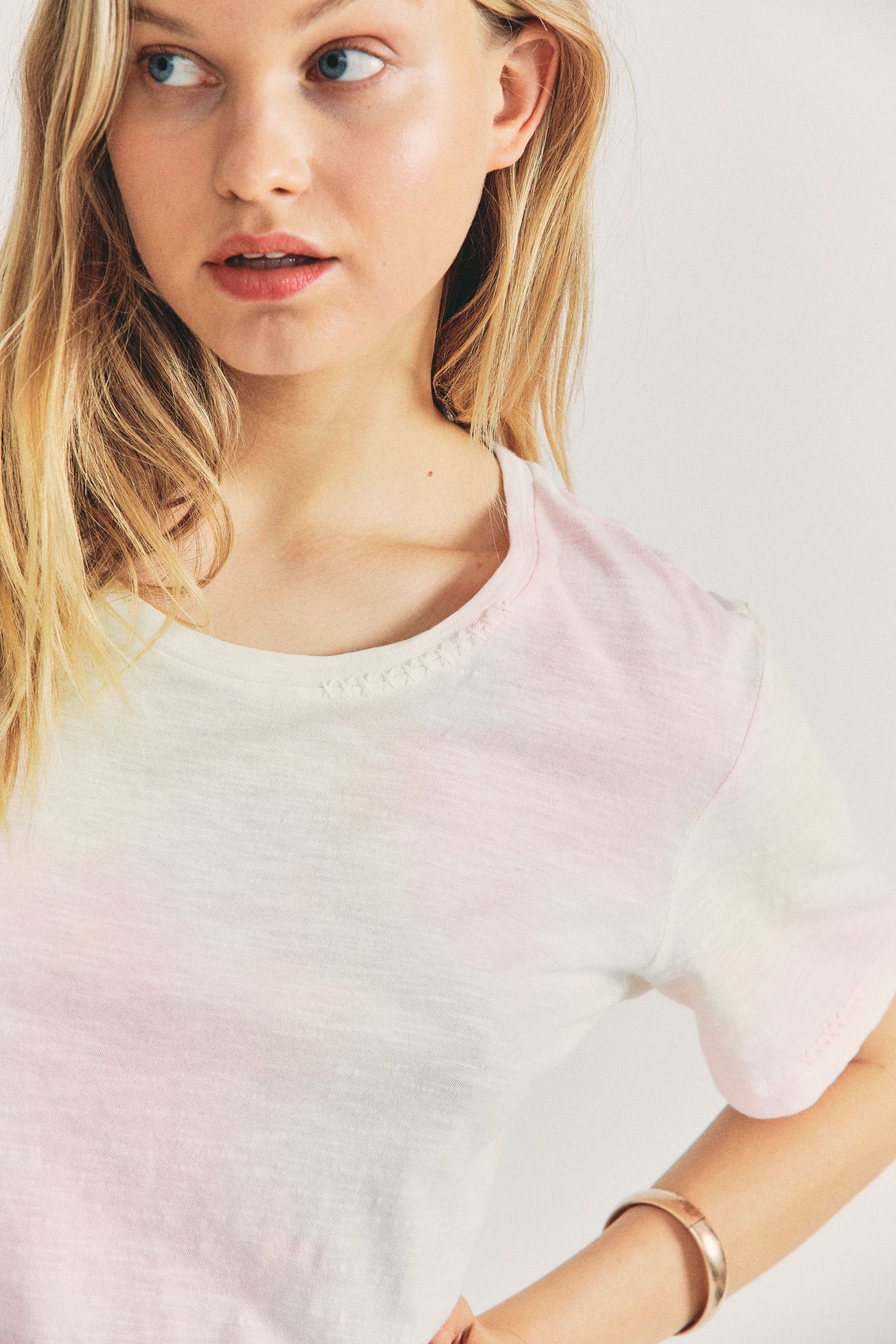 Pink and white tie-dye cotton tee, crew neck, short sleeves, relaxed fit