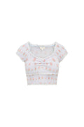 Cotton floral blouse top with scalloped lace trim and gathered waist