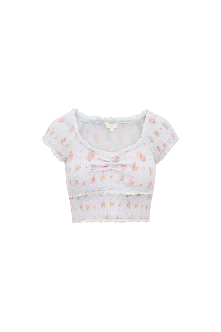 Cotton floral blouse top with scalloped lace trim and gathered waist