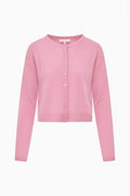 Rose pink cashmere cardigan with button front and long sleeves, cropped fit
